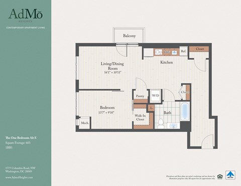 Floor plan for 1 bed, 1 bath, 603 sqft
